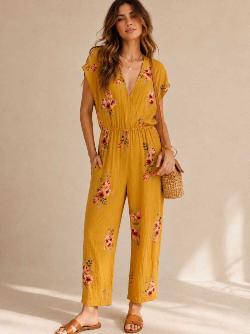 Corey Lynn Calter Mustard Floral Wide Leg Jumpsuit Rayon Size M Anthropologie